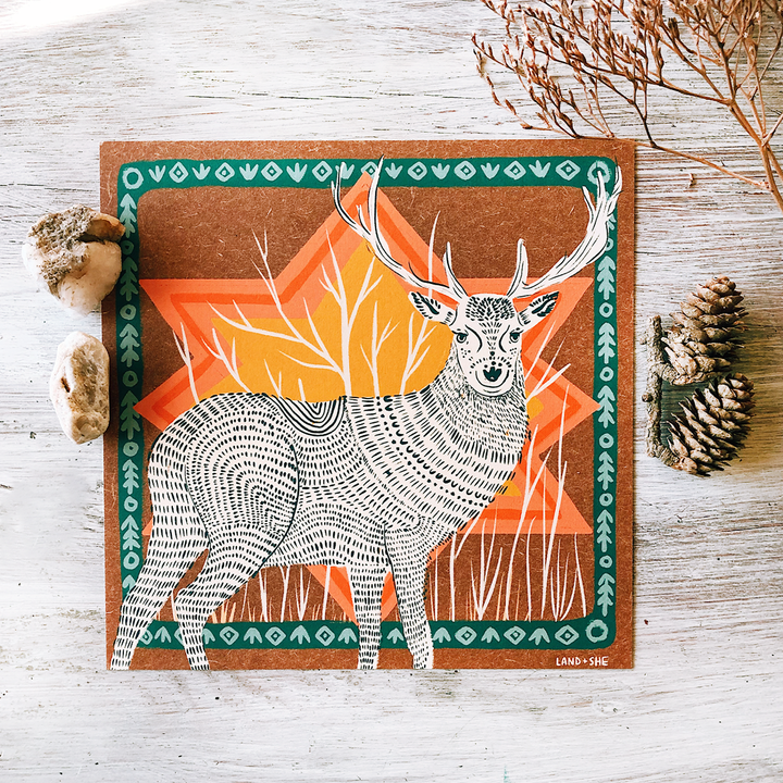 "Folksy Deer" 8x8 Illustration Print