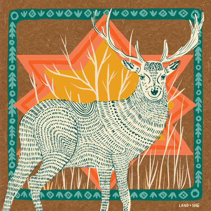 "Folksy Deer" 8x8 Illustration Print